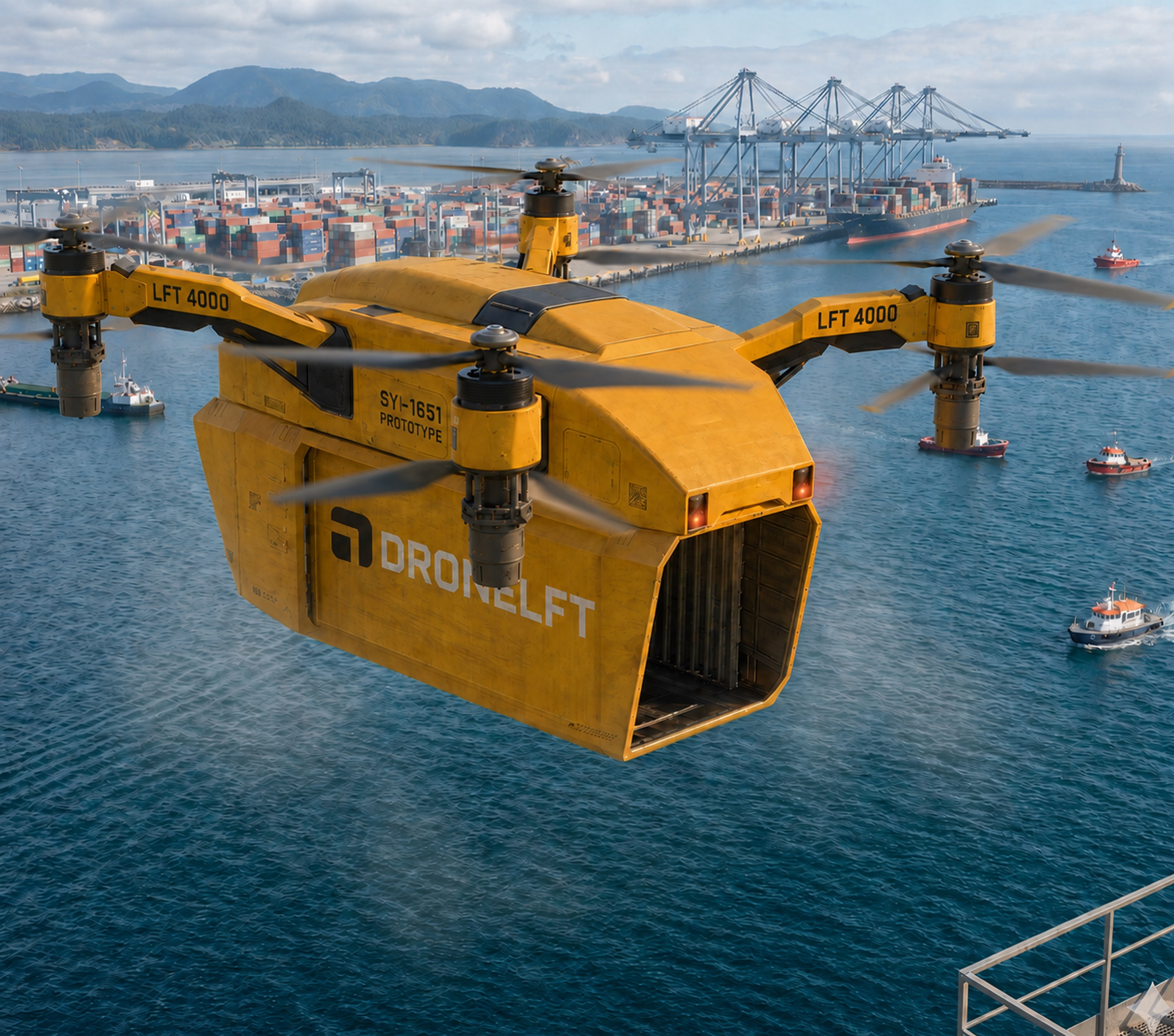 DroneLFT heavy-lift autonomous drone in flight above a working container port