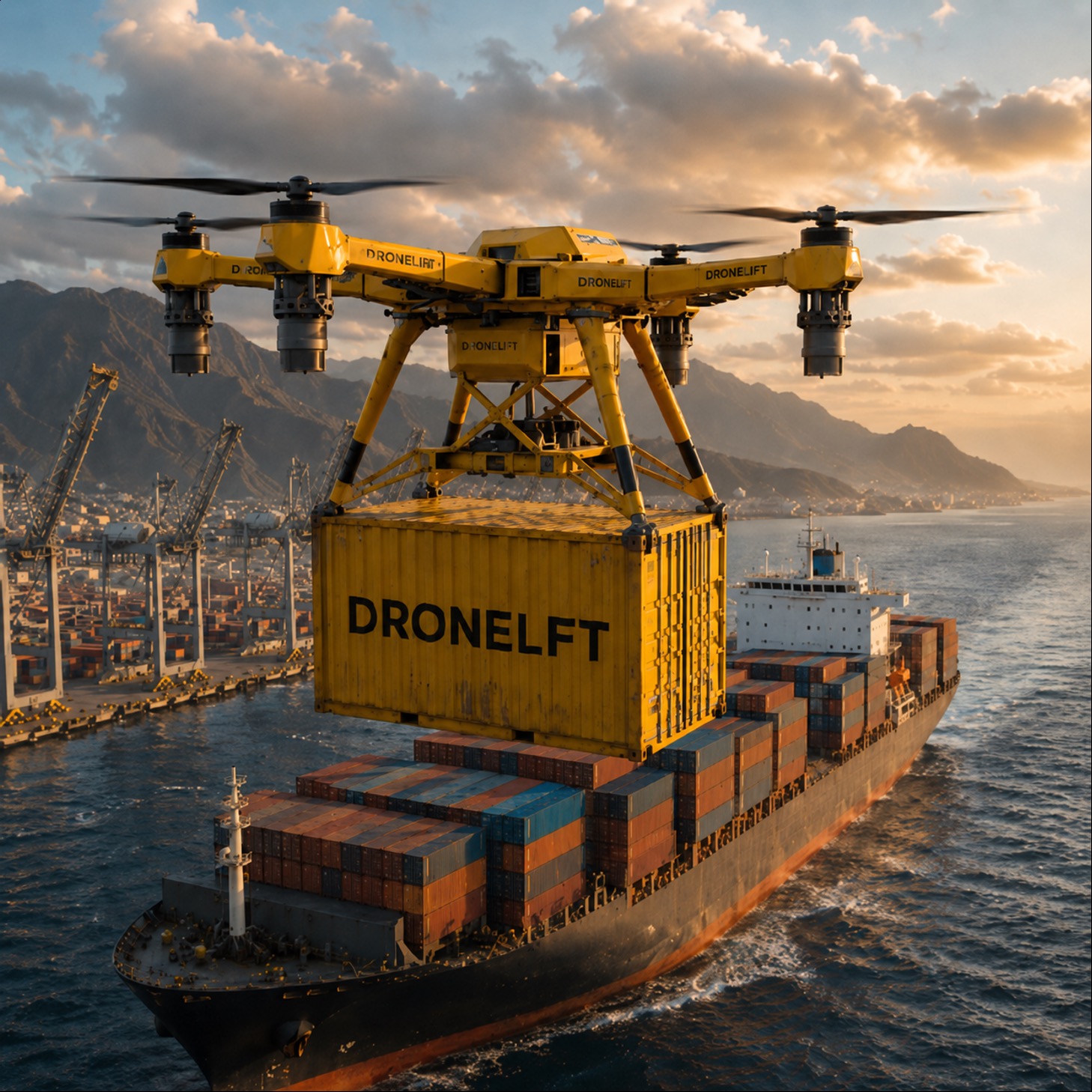 DroneLFT lifting a standardized DRONELFT-branded cargo container above a working container port at sunset